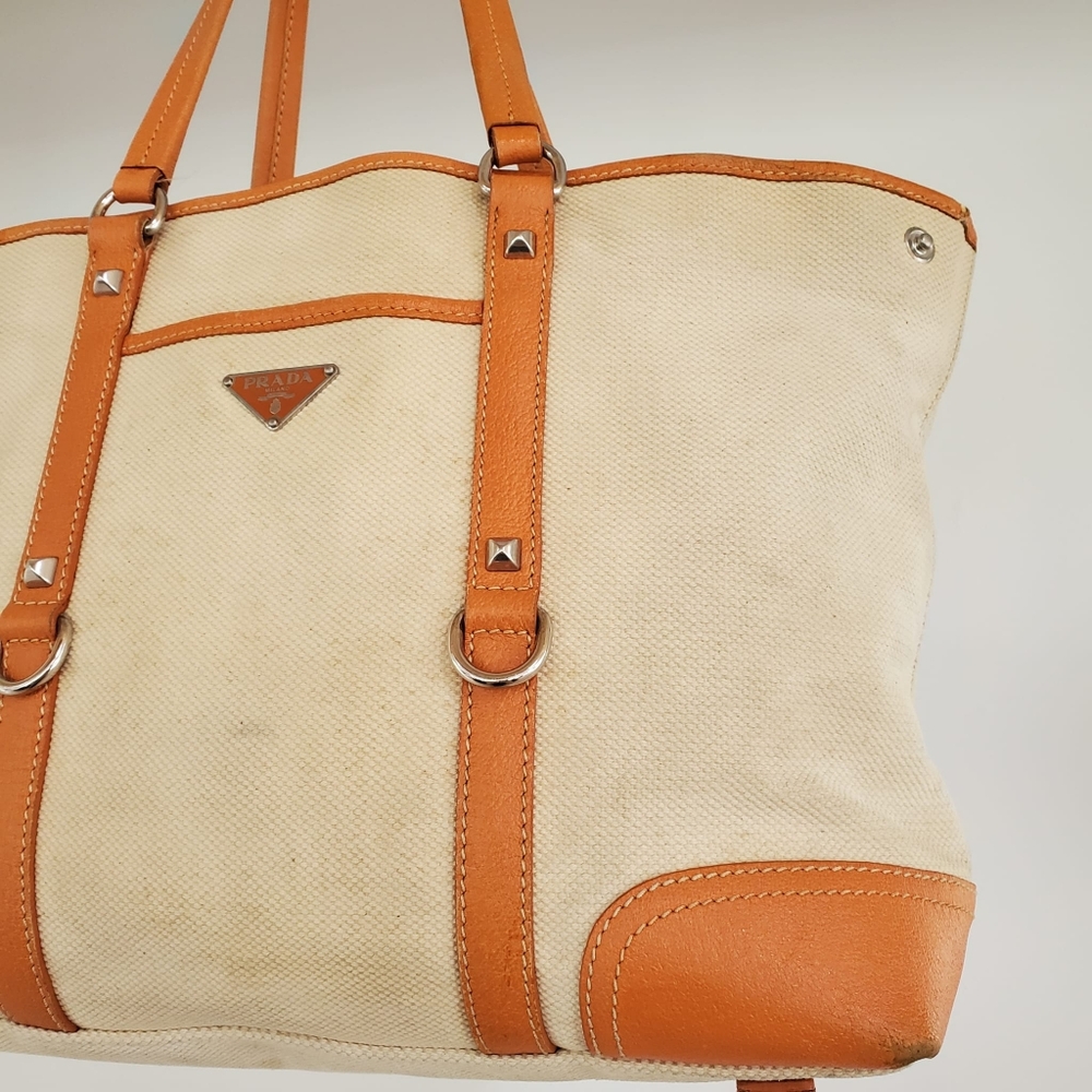 Prada Beige Canvas and Orange Leather TrimTote Bag - Picture 4 of 16